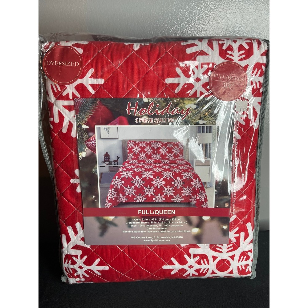 Spirit Linenโ Holiday 3 Piece Quilt Set Full Queen Red White Snowflake Oversized